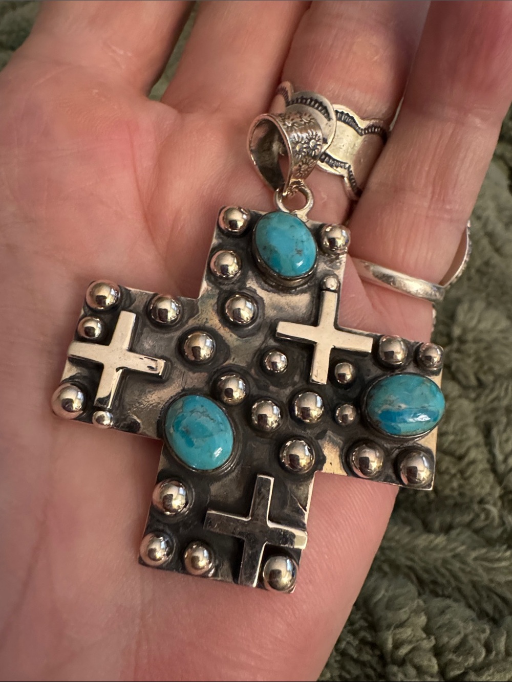 Kingman Turquoise Accent Cross Pendant — 925Silver